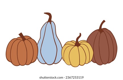 Cute hand drawn pumpkins. Autumn Halloween or Thanksgiving pumpkin. Colorful contour vector illustration.