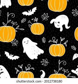 Cute hand drawn pumpkins seamless pattern, lovely doodle background, great for Halloween textiles, banners, wallpapers, wrapping - vector design