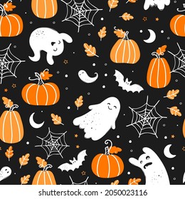 Cute hand drawn pumpkins seamless pattern, lovely doodle background, great for Halloween textiles, banners, wallpapers, wrapping - vector design