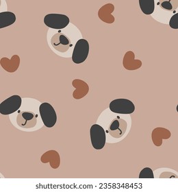 Cute hand drawn puppy face on a brown background with kawaii hearts, kids dog seamless pattern for textile