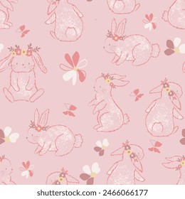 Cute hand drawn rabbit animal cartoon seamless pattern. Spring season flower background with easter bunny. Vintage floral wallpaper print, april holiday texture design