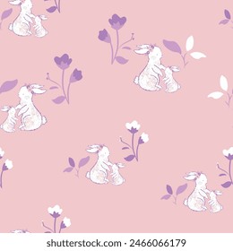 Cute hand drawn rabbit animal cartoon seamless pattern. Spring season flower background with easter bunny. Vintage floral wallpaper print, april holiday texture design