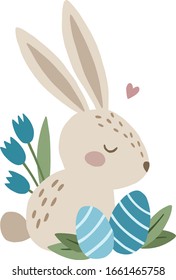 Cute hand drawn rabbit with blue easter eggs and tulips. Vector illustration.