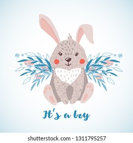 Cute hand drawn rabbit boy with butterfly wings isolated on white background. Baby shower. Nursery concept. Design element for poster, banner, t-shirt and other. Vector illustration.
