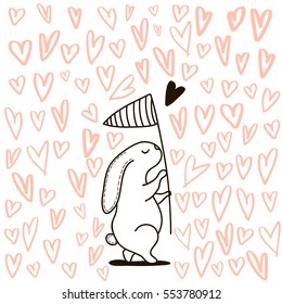 Cute hand drawn Rabbit catching heart with scoop-net.It can be used as a print, card, postcard. Romantic template for Valentine's day.Vector Illustration 