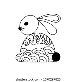 Cute hand drawn rabbit, coloring pages for adults and kids. Easter background with creative ornament. Black and white vector illustration.
