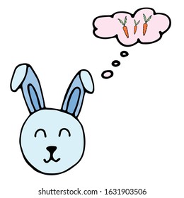 Cute hand drawn rabbit face isolated on white background. Vector illustration, template design for children's games. Cartoon character. The hare dreams of carrots.