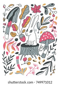 Cute hand drawn rabbit in the forest. Beautiful leaves, mushrooms and branchlets. Adorable animal vector illustration. Autumn season image. Berries and leaves.