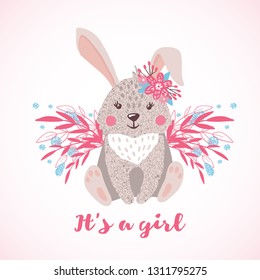 Cute hand drawn rabbit girl with butterfly wings isolated on white background. Baby shower. Nursery concept. Design element for poster, banner, t-shirt and other. Vector illustration.