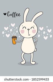 Cute hand drawn rabbit holding coffee cup. Adorable flat vector clip art