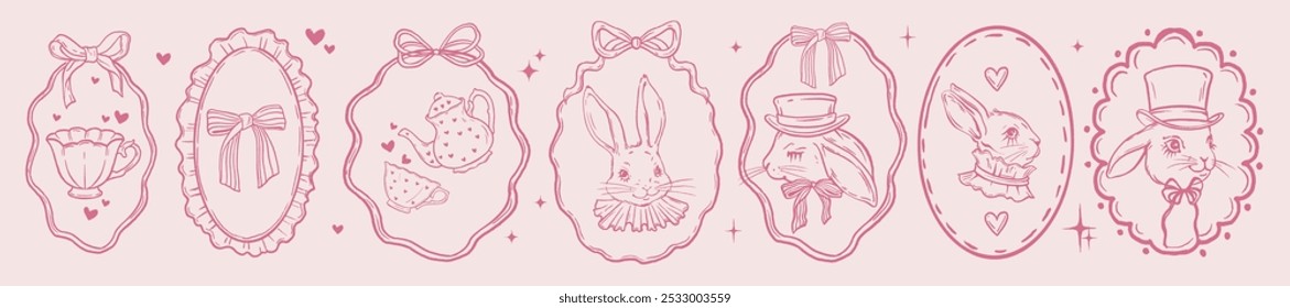 Cute hand drawn rabbit illustration set, vector coquettish pink ribbon frame baby easter hare in hat. Nursery poster print, vintage doodle border decoration, girly retro design. Cute rabbit portrait