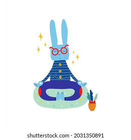 Cute hand drawn rabbit on quarantine meditating. Keep calm. Balance of body and mind. Calmness Concept. Self isolation hand drawn illustration. Cute happy rabbit.