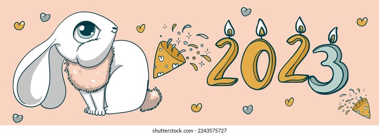 Cute hand drawn rabbit on pastel background with hearts and 2023 candles celebrating new Chinese rabbit year