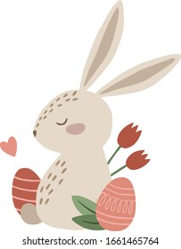 Cute hand drawn rabbit with pink easter eggs and tulips. Vector illustration.