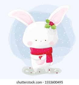 Cute hand drawn rabbit with red scarf in winter background