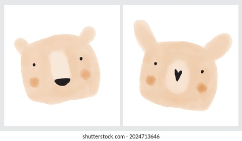 Cute Hand Drawn Rabbit and Teddy Bear Vector Illustration Set. Lovely Nursery Art with Funny Bunny And Dreaming Big Bear Heads Isolated on a White Background. Lovely Prints for Kids Room Decoration.