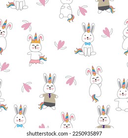 Cute hand drawn rabbit unicorn cartoon seamless pattern backround. for greeting ,congratulations,invitation card and wrapping.
