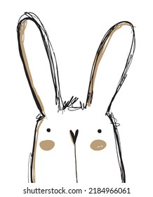 Cute Hand Drawn Rabbit Vector Illustration. Lovely Nursery Art with Funny Bunny on a White Background ideal for Kids' Room Decoration, Card, Wall Art, Easter or Chinese New Year Print. Cool Hare.