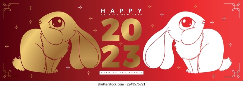 Cute hand drawn rabbit with white and gold silhouette on red background with sparkles and 2023 celebrating new Chinese rabbit year