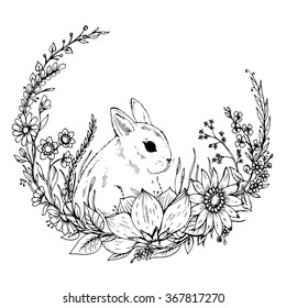 Cute hand drawn Rabbit with wreath of flowers and leafs. Black and white vector illustration of little bunny. Greeting card for Easter or Birthday 