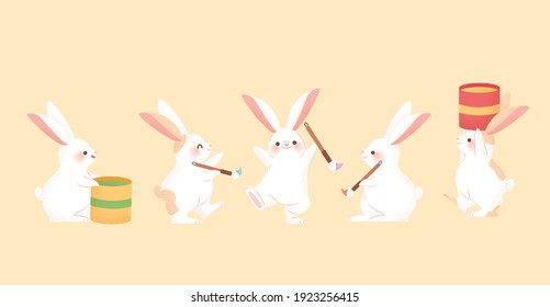 Cute hand drawn rabbits isolated on beige background. Holiday animal mascots suitable for Easter or Mid Autumn Festival decoration.