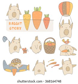 Cute hand drawn rabbits set including rabbit with carrot, rabbit with balloon, rabbit with basket, sleeping rabbit, rabbit in the plane, rabbit watching stars, happy rabbit. Rabbit characters set