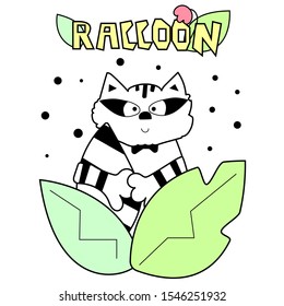 Cute hand drawn raccoon vector illustration for children print.