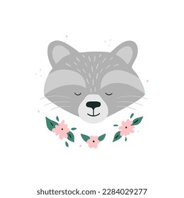 Cute Hand Drawn racoon. Print with grey racoon. Head With Flowers on a White Background. Nursery Art, kids design. Infantile Style. Cartoon Vector Illustration for Wall Art, Baby Card.