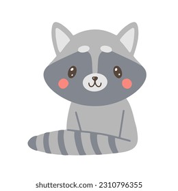 Cute Hand Drawn racoon. Print with grey racoon. Nursery Art, kids design. Infantile Style. Cartoon Vector Illustration for Wall Art, Baby Card.