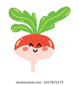 Sonriente de rábano dibujado a mano. Kawaii divertido personaje vegetal para los niños