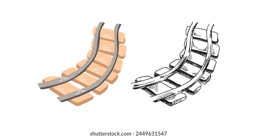 Lindo ferrocarril dibujado a mano. Ilustración vectorial plana y contorno negro aislado sobre fondo blanco. Dibujo de garabatos.