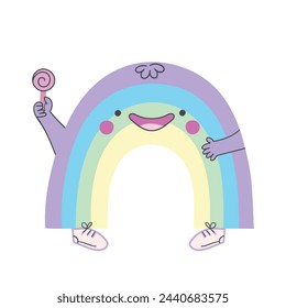 Cute hand drawn rainbow character with a lollipop. Cartoon childish design. Vector illustration 