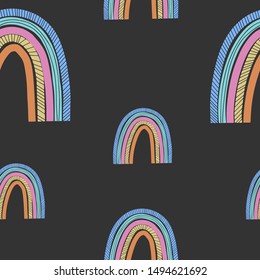 Cute hand drawn rainbow, childish print. Best for t-shirt, poster, wrapping paper, decoration. Vector illustration in scandinavian style. Seamless pattern.