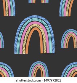Cute hand drawn rainbow, childish print. Best for t-shirt, poster, wrapping paper, decoration. Vector illustration in scandinavian style. Seamless pattern.