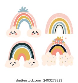 Cute hand drawn rainbow and clouds set. Vector illustration in scandinavian style.