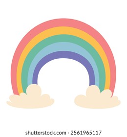 Cute Hand Drawn Rainbow with Fluffy Clouds on White Background