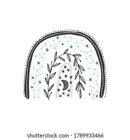 Frisch gezeichneter Regenbogen mit Mond und Sternen. T-Shirt-Druck, Postkarte, Banner-Design-Element, Baby-Design.