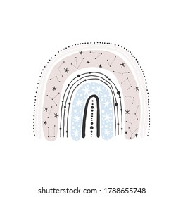 Cute hand drawn rainbow with stars and constellations. T shirt print, postcard, banner design element, baby design.