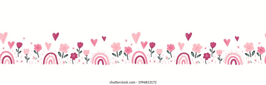 Cute hand drawn rainbows and flowers seamless pattern, lovely background, doodle style, great for textiles, banners, wallpapers, surfaces, wrapping - vector design