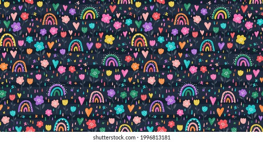 Cute hand drawn rainbows and flowers seamless pattern, lovely background, doodle style, great for textiles, banners, wallpapers, surfaces, wrapping - vector design