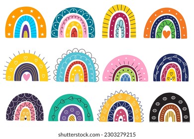 Cute hand drawn rainbows set. Collection with doodle rainbows in cartoon style. Clipart for baby and nursery design, fabric, textile. Vector illustration