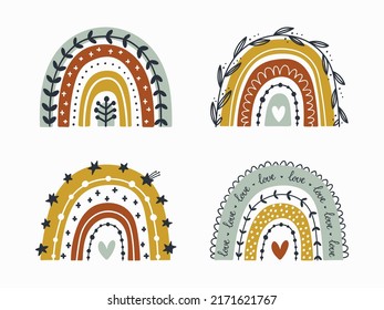 Arcos de lluvia dibujados a mano. Juego de recortes de dibujos animados. Motivos naturales de doodle. Afiche de enfermería.
