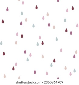 Cute hand drawn raindrops seamless vector pattern. Scandi style design. Fun background for kids room decor, nursery art, apparel, packaging, wrapping paper, textile, fabric, wallpaper, print, gift.