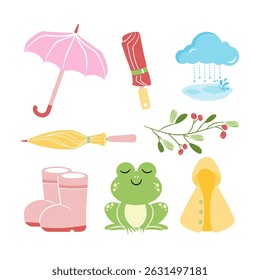 Elementos bonitos da estação chuvosa desenhados à mão, incluindo guarda-chuva, capa de chuva, botas, sapo e nuvem. Ilustração de vetor de desenhos animados para crianças e decoração.