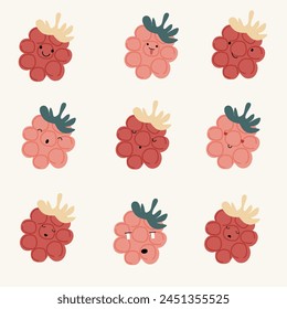 cute hand drawn raspberry with face expression character pattern. Cute fruit face expression Character. Pastel background