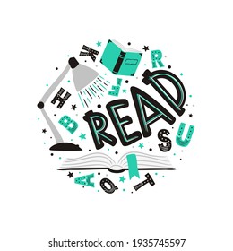 Leer emblema con un libro, letras y lámpara. Logotipo redondo para la escuela, club de literatura, biblioteca, librería. Ilustración vectorial en estilo doodle