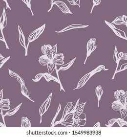 Cute hand drawn realistic alstroemeria seamless pattern. Traditional spring flowers in ink style for wedding decoration and background design.