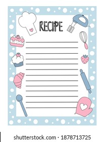 Cute hand drawn recipe list vector design illustration with cartoon cupcake, strawberry, chef hat, cake and some kitchen tools