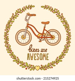 Cute hand drawn red bicycle. Postcard or print for bike lovers.