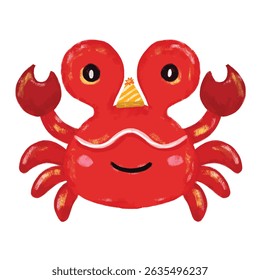 Caranguejo vermelho desenhado à mão bonito vestindo festa de aniversário chapéu rabiscar mar praia animais ilustração crianças frutos do mar areia verão estação celebração clipart crayon aquarela etiqueta design